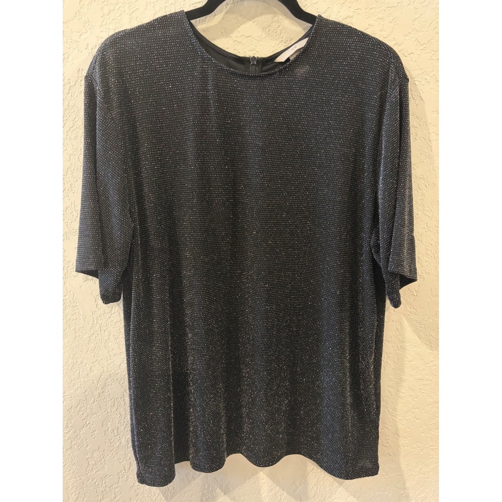 HM Metallic Glitter Short Sleeve Blouse Black Silver Sparkle Top Medium